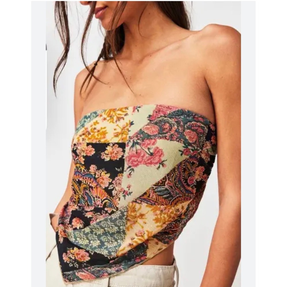 Free People FP One Raya Patchwork Boho Tube Top Bandage Smocked Back Size XS